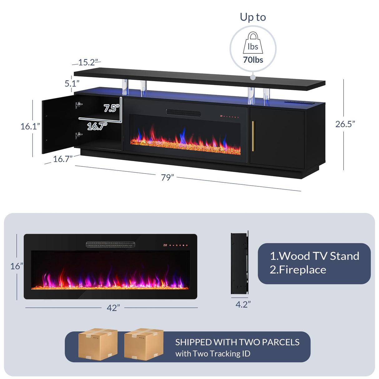 TV Stand for TVs up to 85", LED Light Entertainment Center with 42" Electric Fireplace