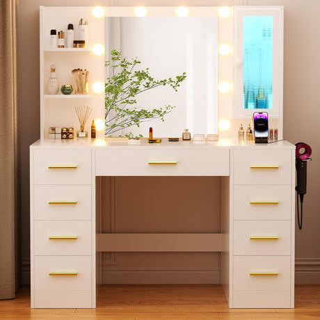 Vanity Desk with Mirror and Lights and Power Outlet, Large 43.3" LED&RGB Lights Makeup Vanity Table