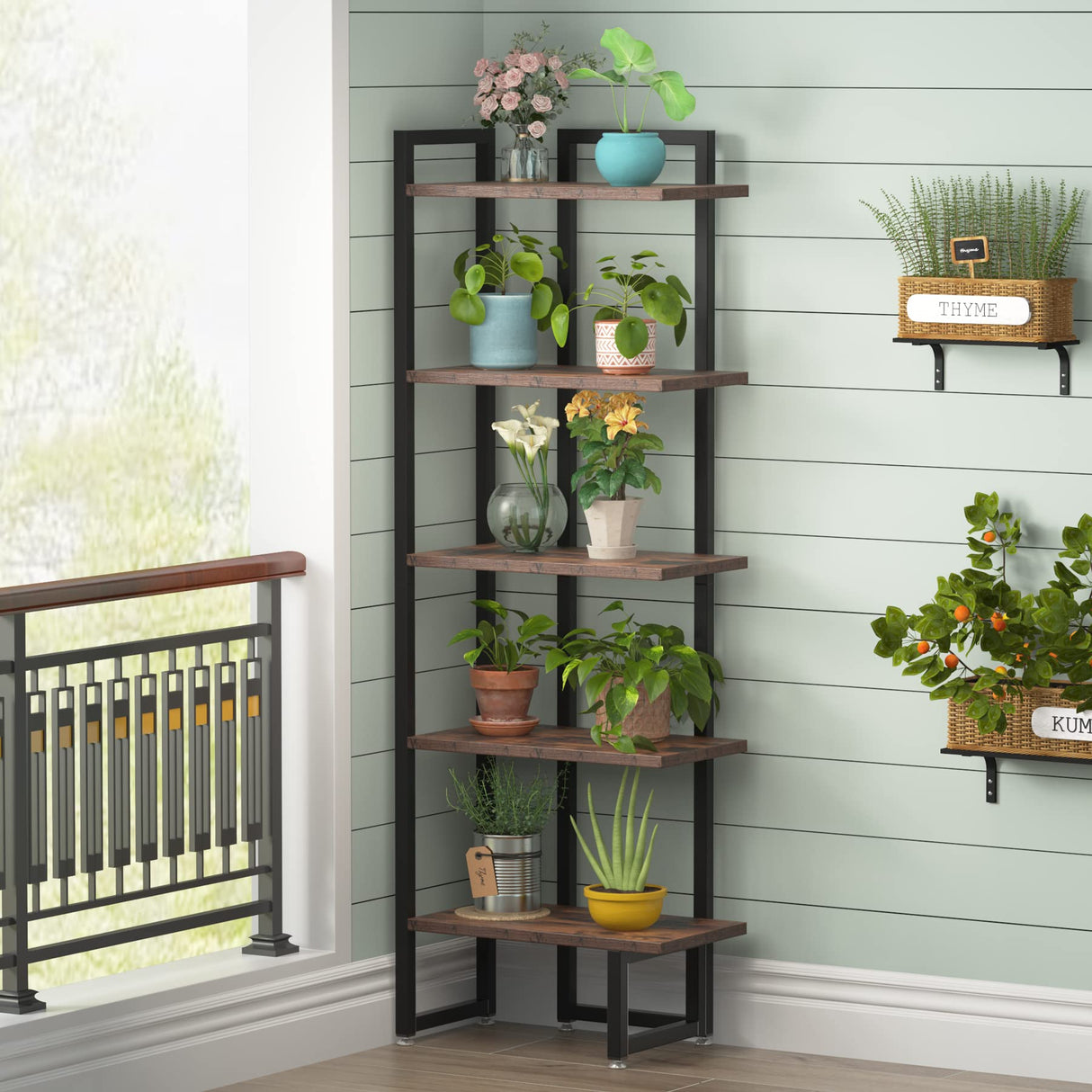 Industrial 5 Tier Wood Corner Shelf Stand with Rectangle Board, Corner Storage Rack Shelves