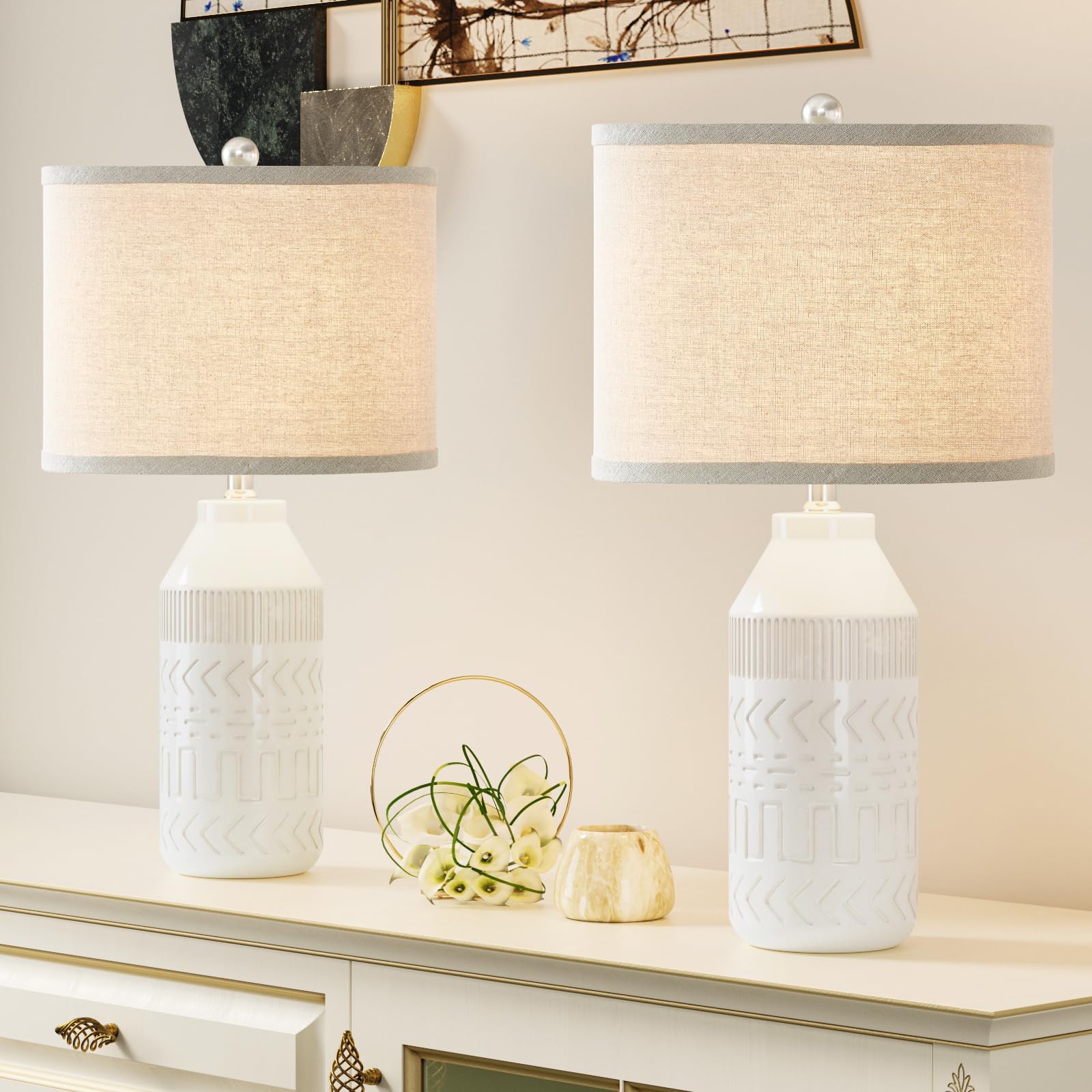 24" Set of 2 White Table Lamp for Living Room, 3 Way Dimmable Ceramic Bedside Lamp