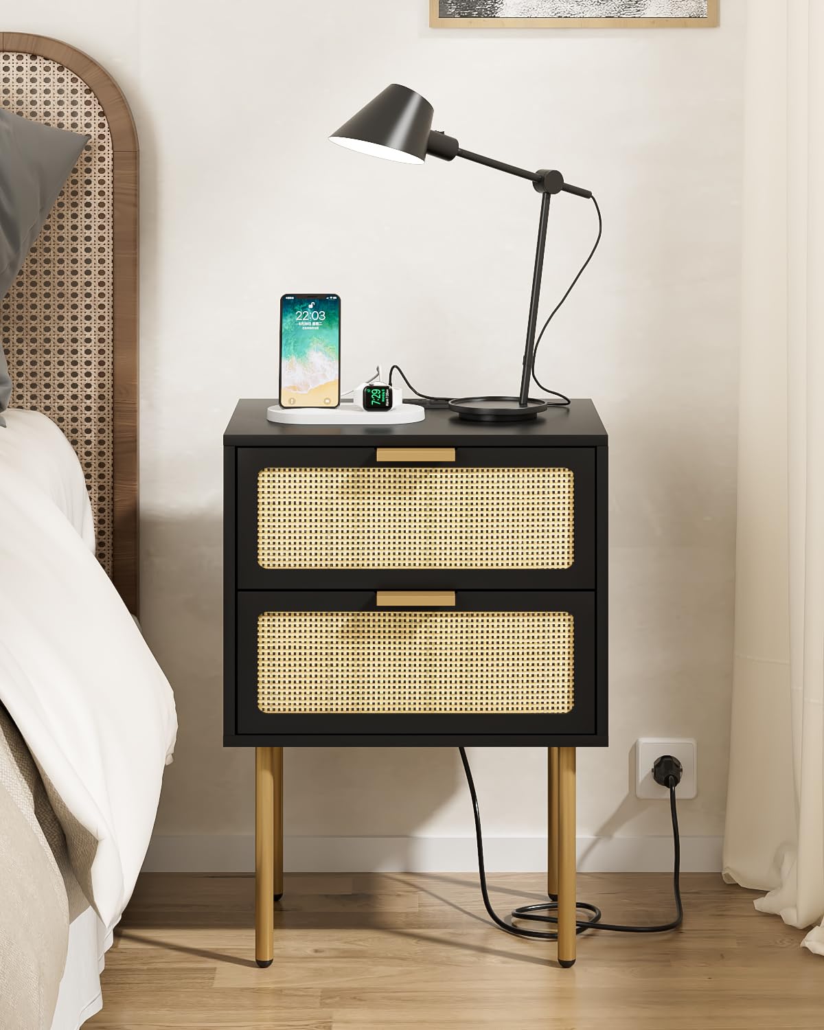 Rattan Nightstand with Charging Station, 2 Drawer Dresser for Bedroom