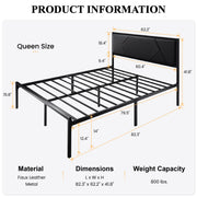 SHA CERLIN Modern Queen Size Metal Bed Frame with Litchi Grain Leather Upholstered Headboard, No Box Spring Needed, 12.4" Underbed Storage, Black