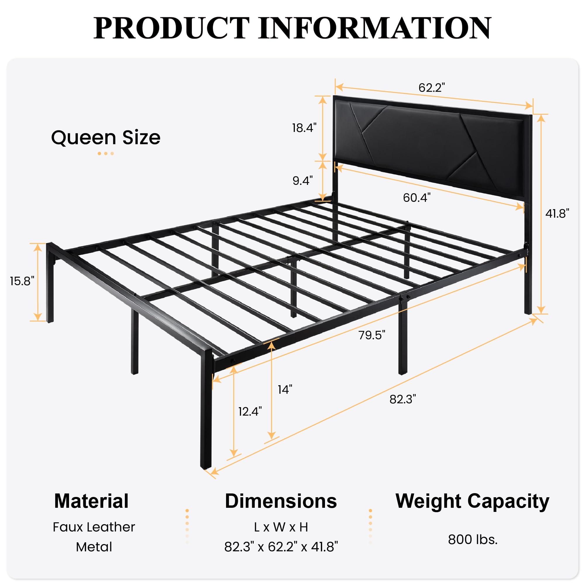 SHA CERLIN Modern Queen Size Metal Bed Frame with Litchi Grain Leather Upholstered Headboard, No Box Spring Needed, 12.4" Underbed Storage, Black