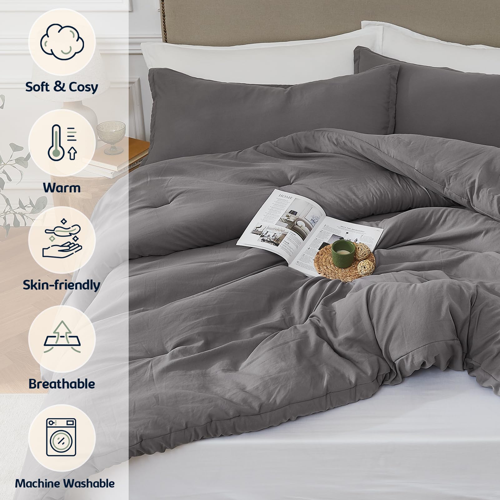 Queen Comforter Sets Grey,3PCS Soft Lightweight Breathable Bedding Comforter Sets for All Season,