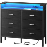 Black Dresser with LED Light for Bedroom 6 Drawer Dresser with Charging