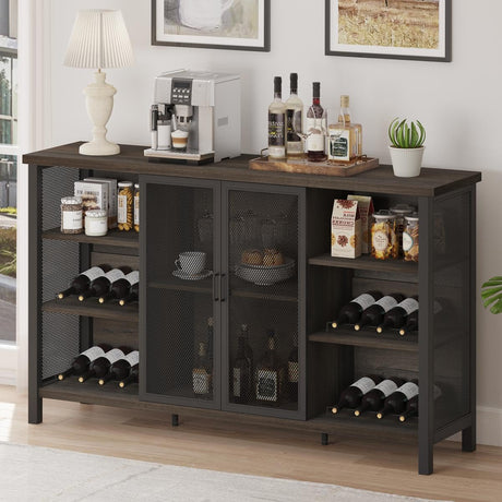 FATORRI Wine Bar Cabinet for Liquor and Glasses, Industrial Coffee Bar Cabinet, Farmhouse Sideboard and Buffet Cabinet with Storage, Wood and Metal Wine Rack Cabinet (55 Inch, Walnut Brown)