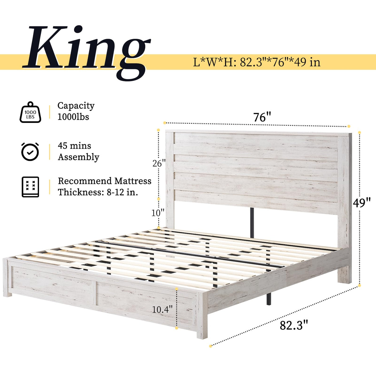 Farmhouse Full Bed Frame with 49" Tall Headboard, Wooden Platform Bed