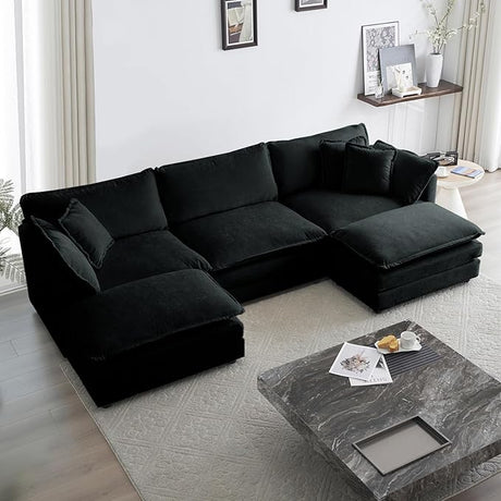 Chenille U-Shaped Modular Sectional Couch, Modern Comfy 3 Seater Deep Seat Cloud