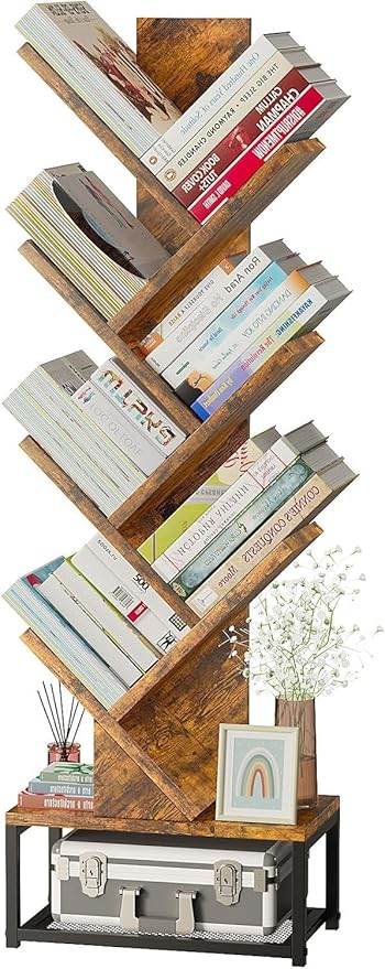 EasyCom Tree Bookshelf Metal Base, 7 Tier Bookcase Storage, Floor Standing