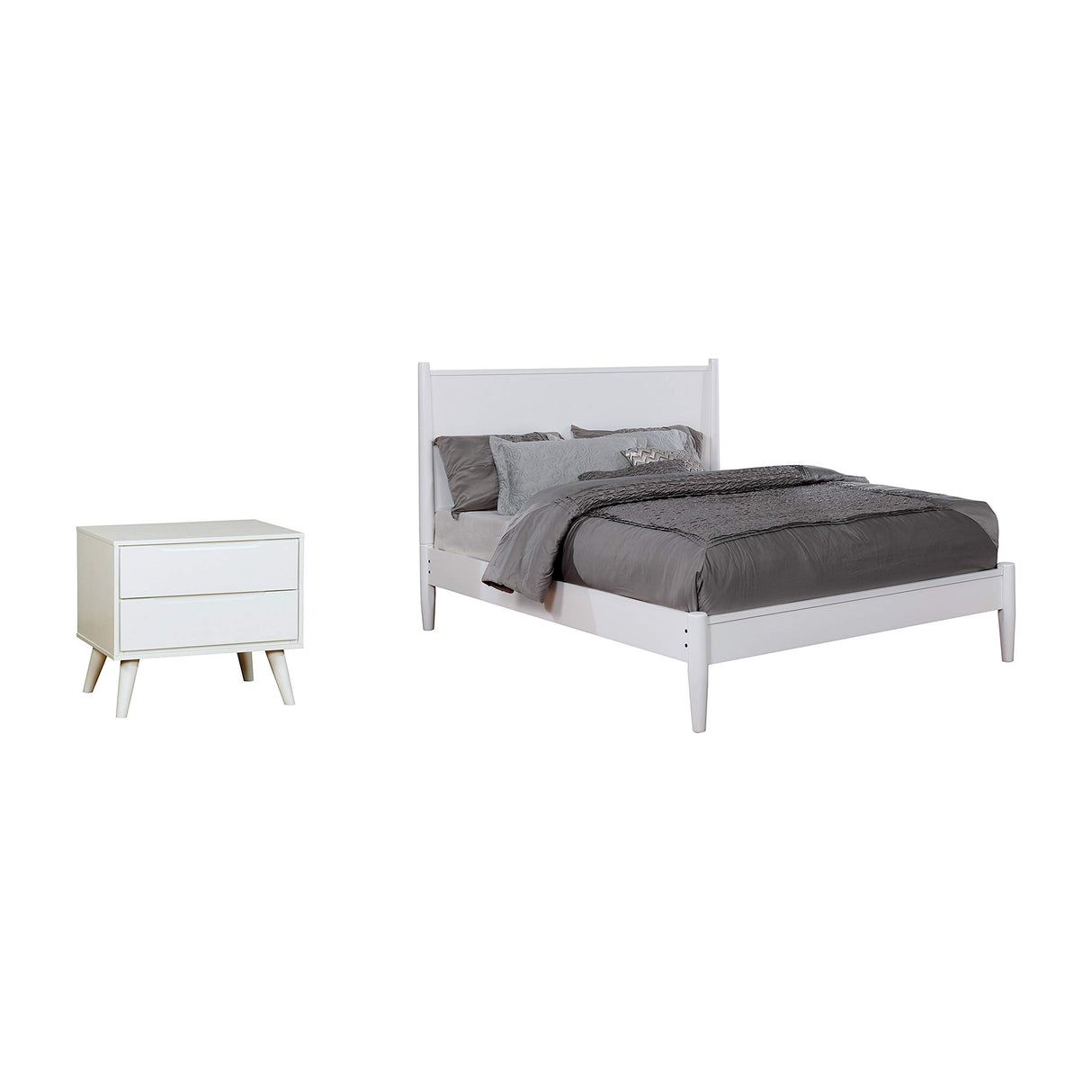 Inside + Out Vandalia Mid-Century Modern Wood 2-Piece Set, Full-Size Platform Bed and 1 Nightstand with 2 Drawers for Bedroom, White