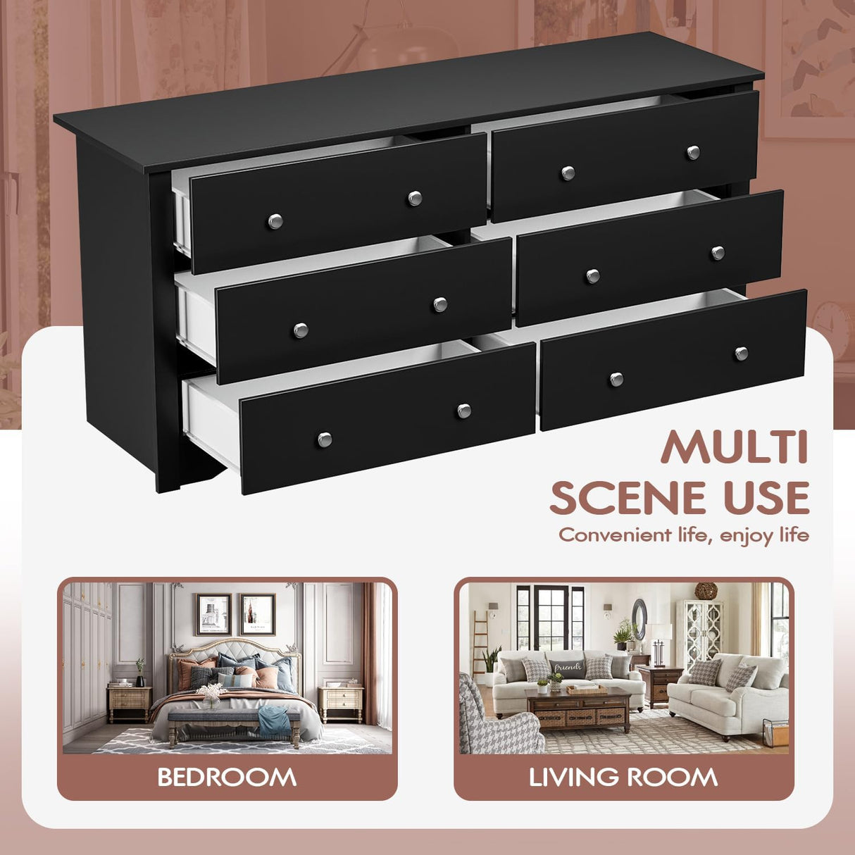 Dresser for Bedroom with 6 Drawers, Wide Chest Storage Organizer and TV Stand