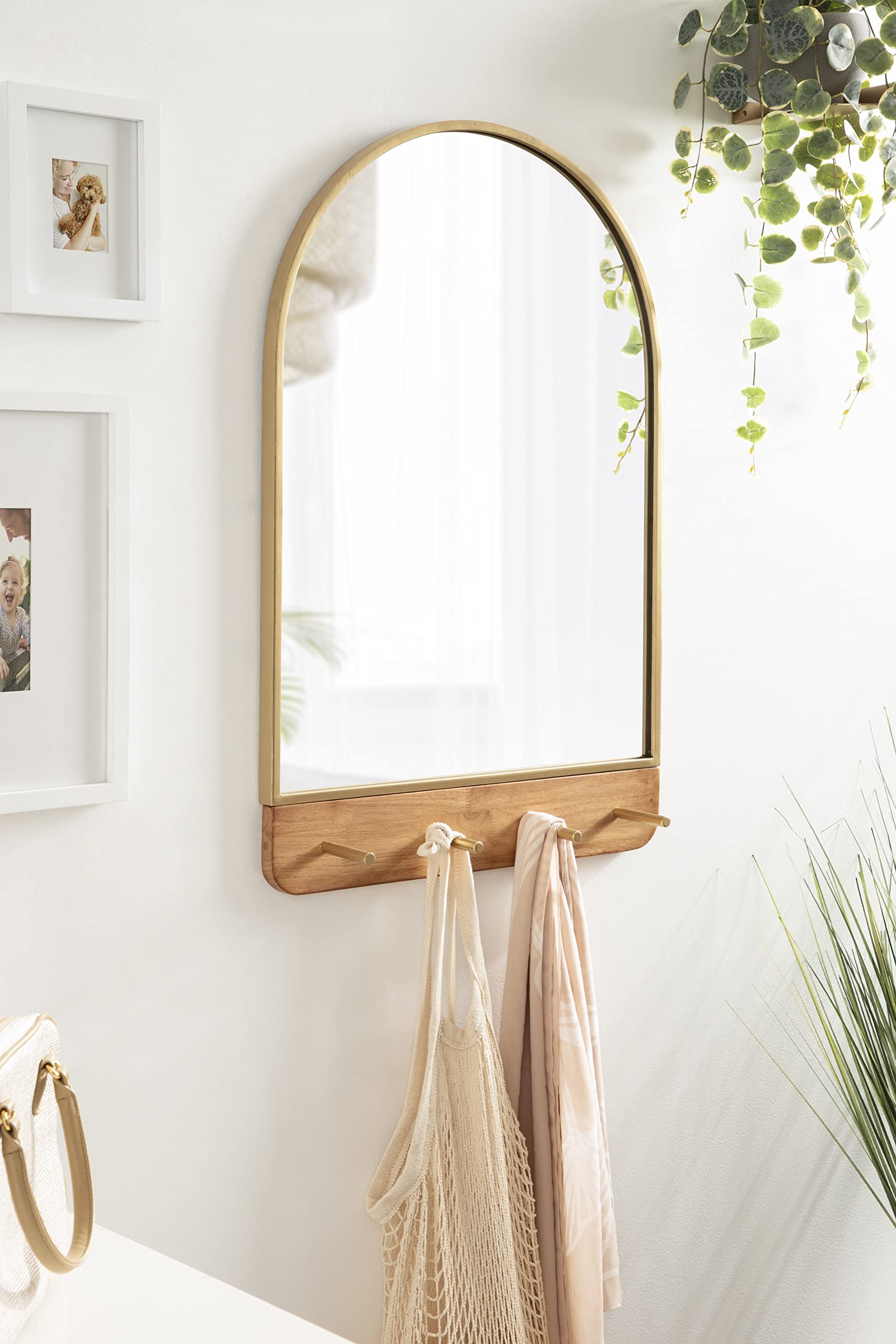 Schuyler Arched Wall Mirror with Hooks, 20 x 31, Gold and Natural Wood