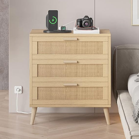 Rattan Nightstand with Charging Station, Night Stand with Rattan Decorated Drawers