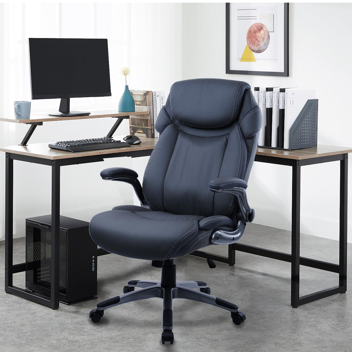 Ergonomic Office Chair Desk Chair with PU Leather High Back Flip-Up Arms Wheels,