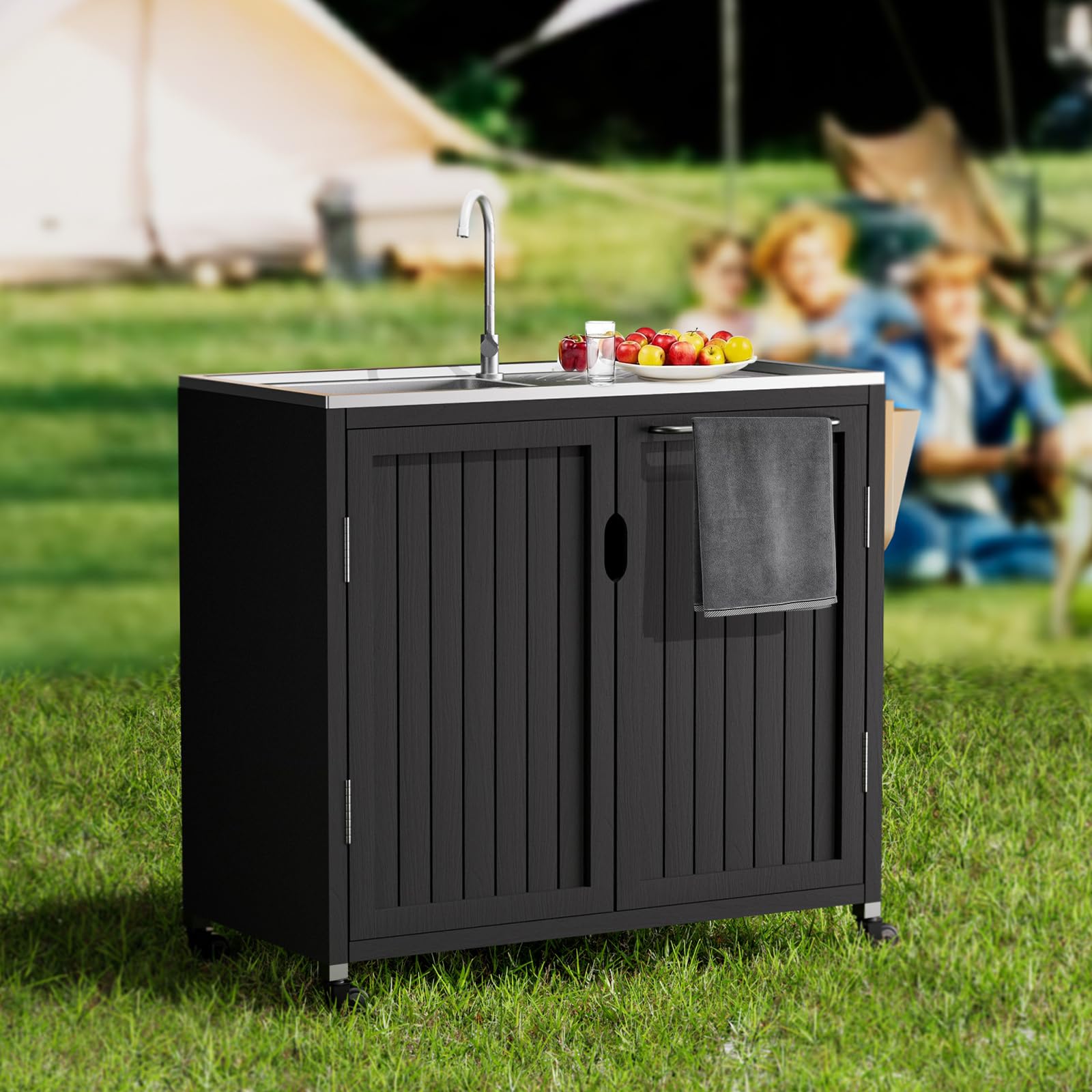 Table Outdoor Kitchen Island with 304 Stainless Steel Top | Rolling Cart with Bar Sink