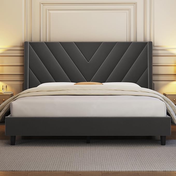 Queen Bed Frame Upholstered Platform Bed with Wing Side/Wooden Slat Support/Tufted