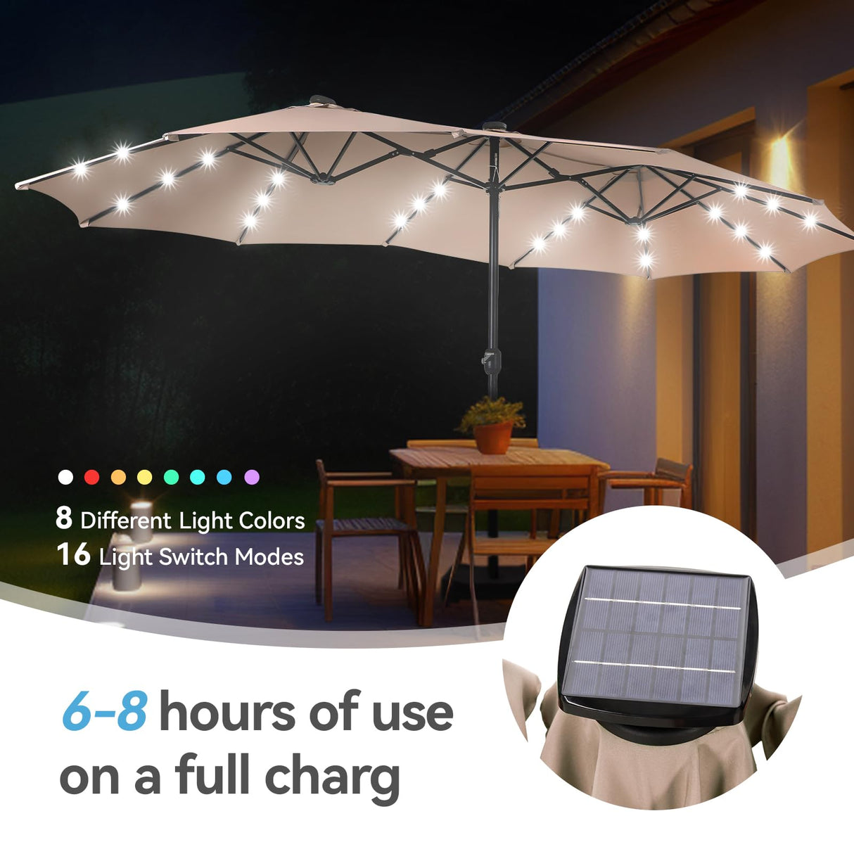 13 ft Large Patio Umbrella with Solar Lights, Double-Sided Outdoor Table Umbrella with Crank,