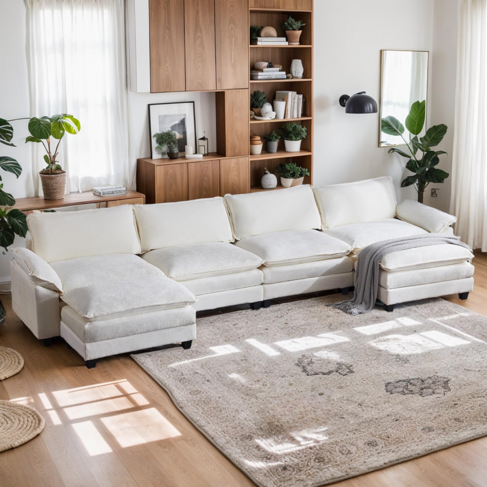 Sectional Sofa Modular Deep 4-Seat Sofa Couch with 2 Ottomans