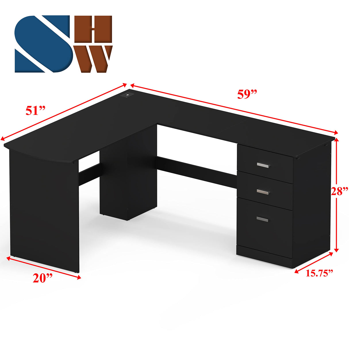 L-Shaped Home Office Wood Corner Desk with 3 Drawers