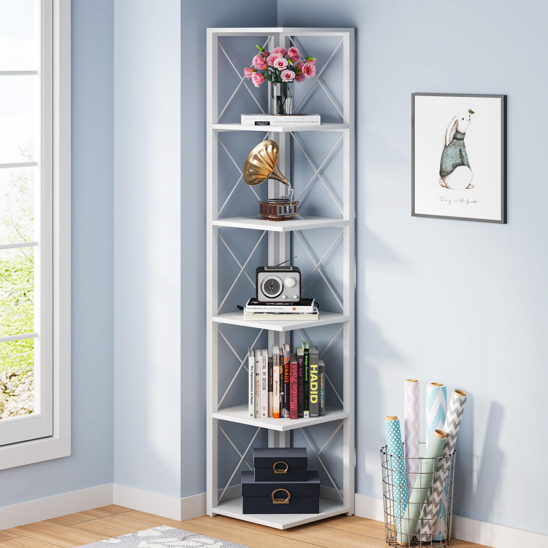 6 Tier Tree Bookshelf, Small Bookcase with Storage Cabinet, Modern Narrow Bookshelves