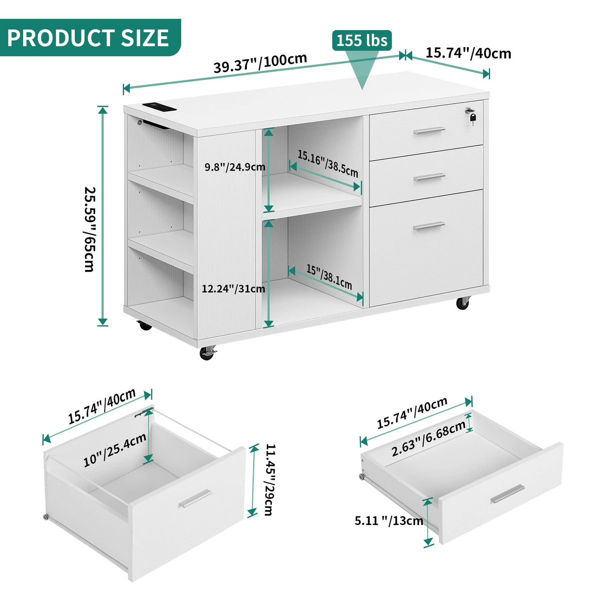 File Cabinet with Charging Station, Mobile Lateral Filing Cabinet with Lock