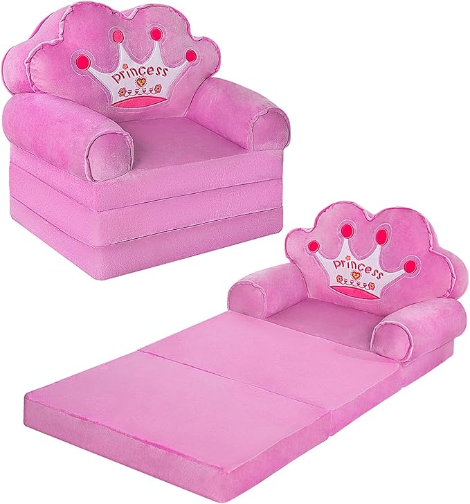 Kids Foldable Sofa Bed, Princess Chair for Toddlers 1-3, Pink Cartoon Shape, High Density Foam, Fold Out Couch for Bedroom, Sofa Bed for Girls, 15.1x19.7x2.4 inches, 4.4 lbs