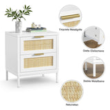 White nightstands with 2 Drawers, Natural Rattan Night Stand, White End Table with Metal Legs, Bedside Table for Bedroom