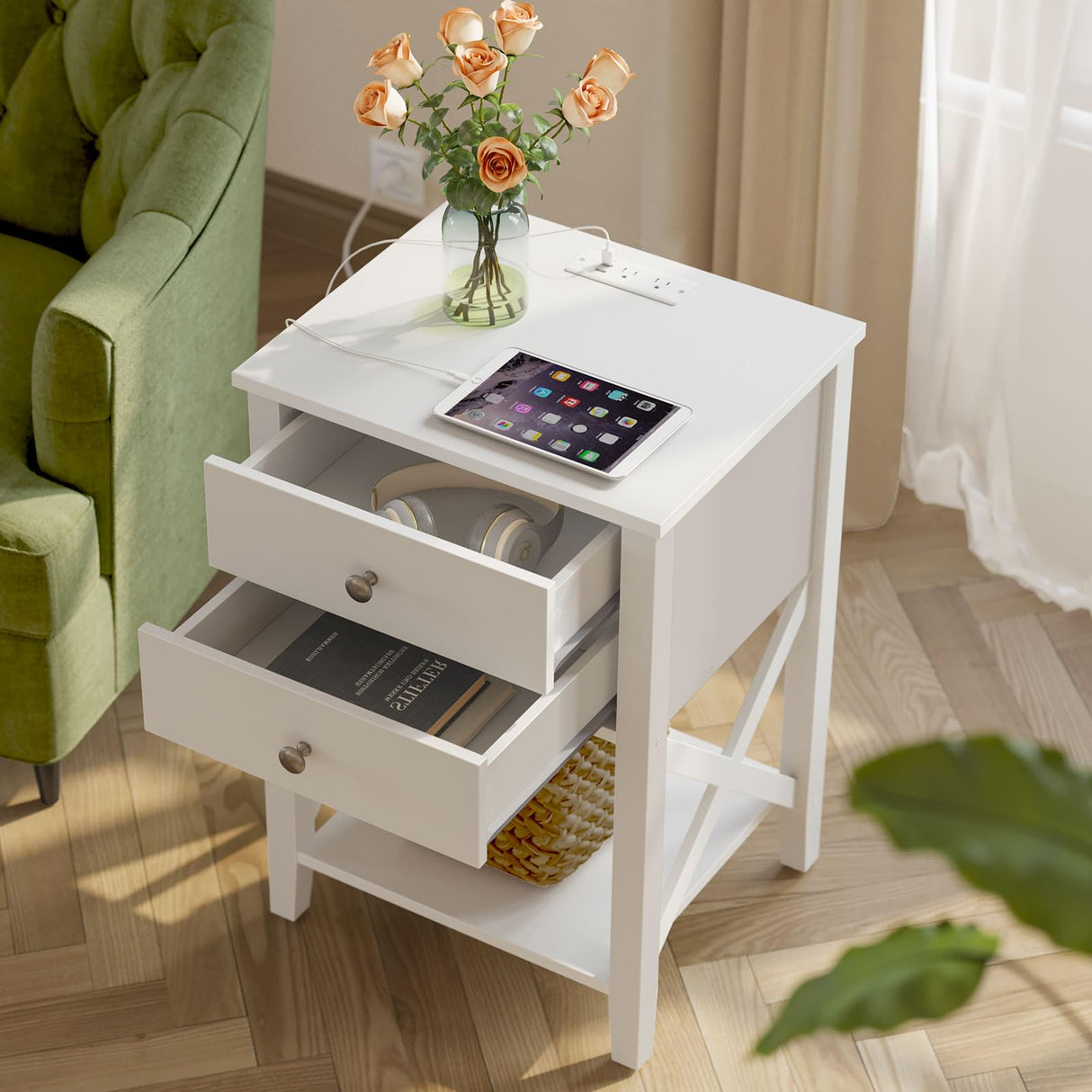 Nightstand with Charging Station, Night Stand with 2 Drawers