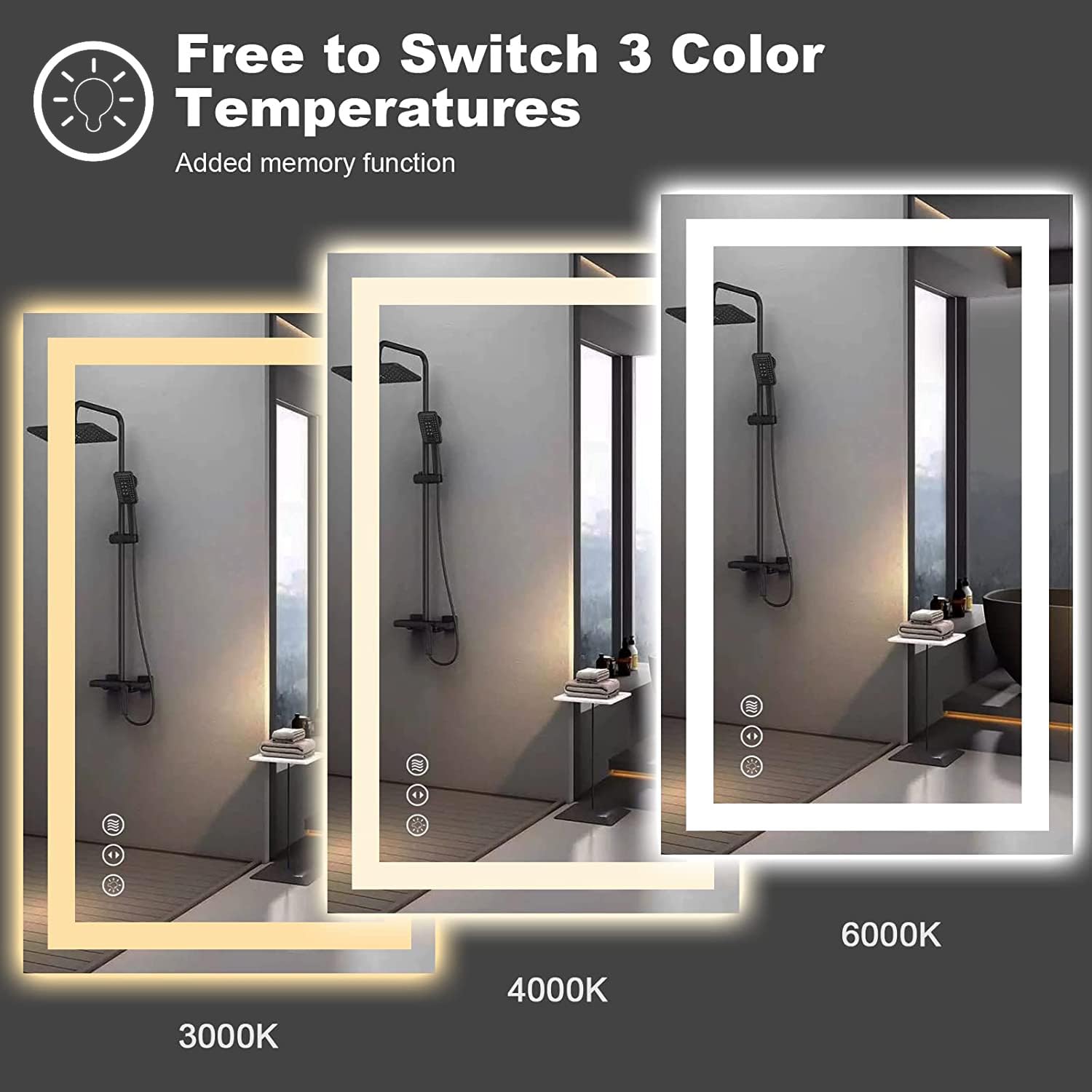 Amorho LED Bathroom Mirror 55''x 36'' with Front and Backlight, Large Dimmable Wall Mirrors with Anti-Fog, Shatter-Proof, Memory, 3 Colors, Double LED Vanity Mirror