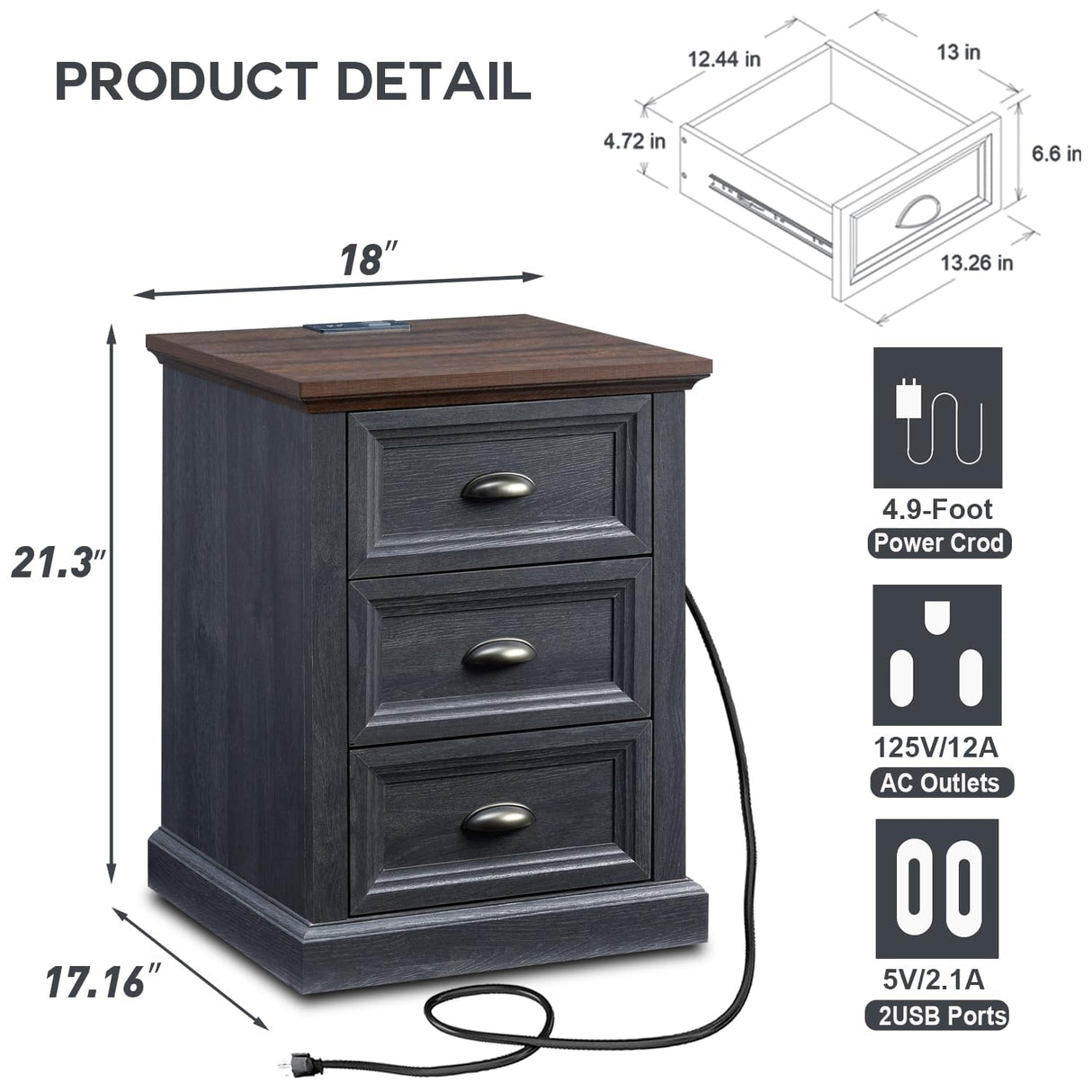 Farmhouse Nightstand with Charging Station, 3 Drawer Dresser for Bedroom