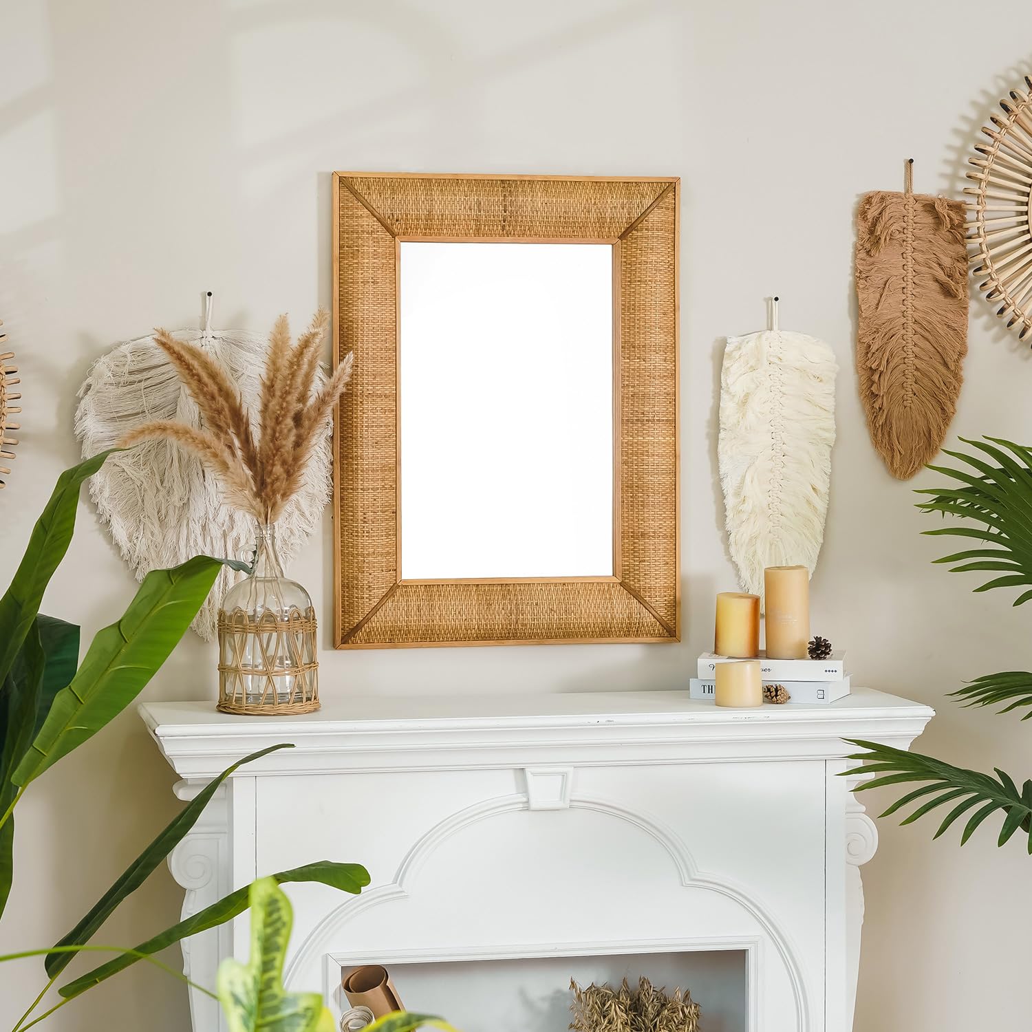 Boho Rattan Wall Mirror Wooden Framed Rectangle Mirror Rattan Decorative Farmhouse