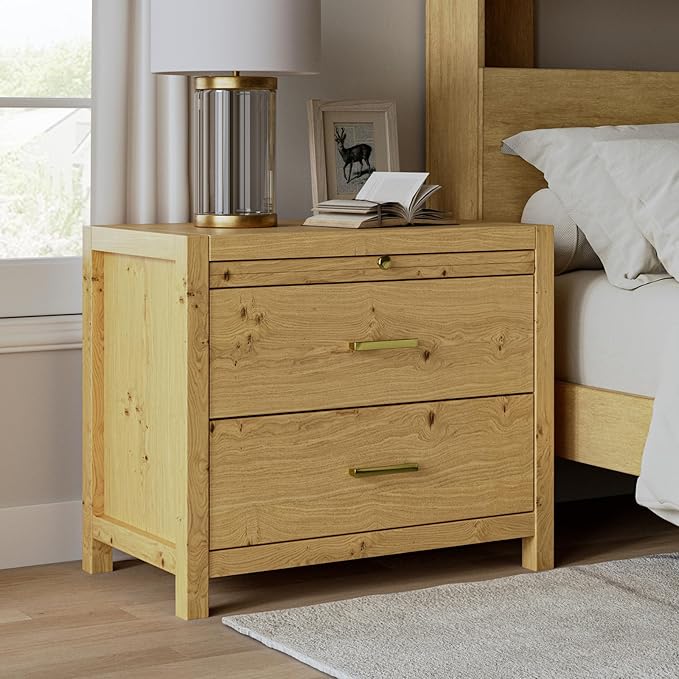 Nightstand with Drawers, Wood Nightstand Side Table with Storage and 1 Pull-Out Tray,