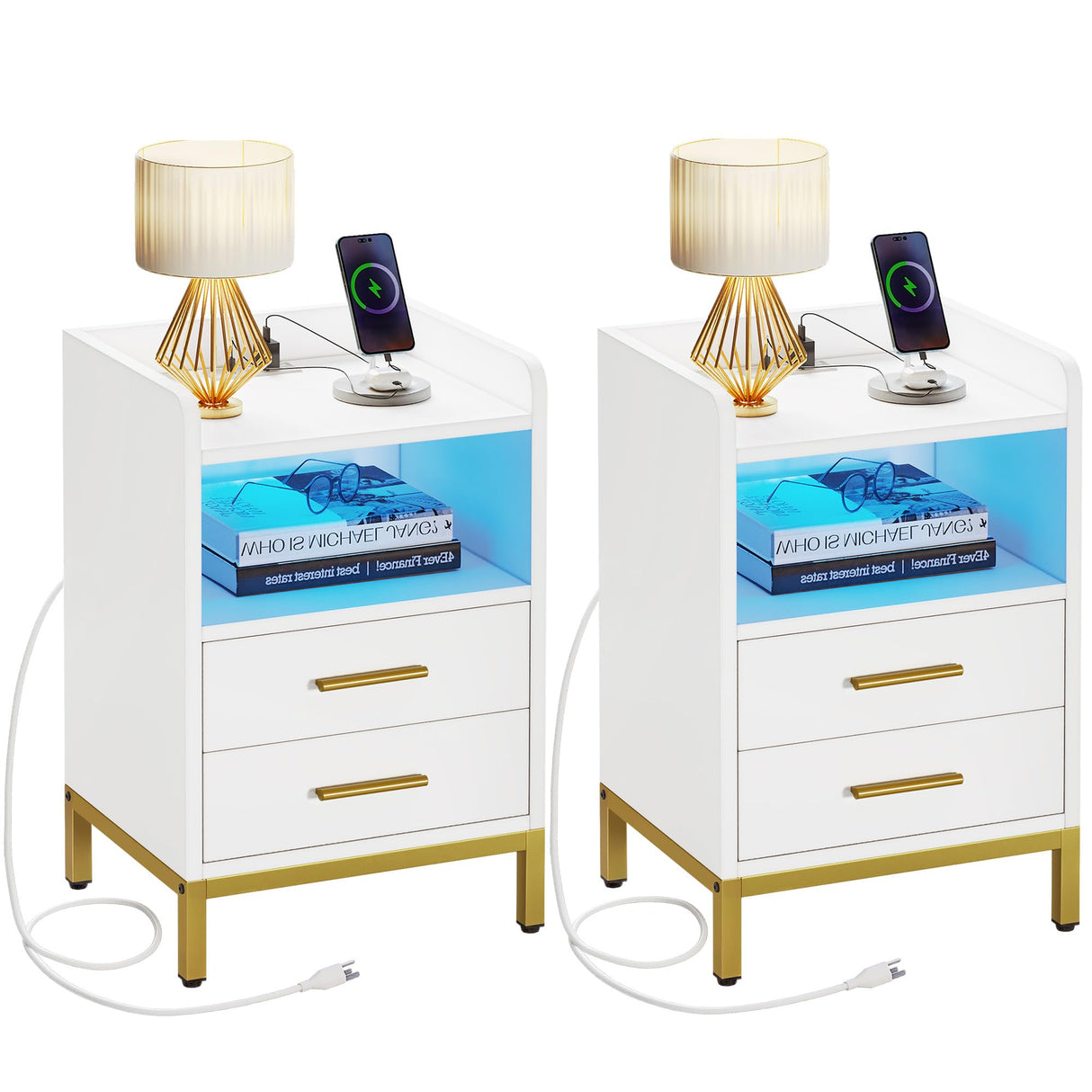 YITAHOME Nightstand with Charging Station and LED Lights, End Side Table with 2 Drawers, Modern Bedside Table for Bedroom with USB Ports and Outlets, Open Storage, Set of 2, White