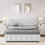 White Full Size Bed Frame with 4 Storage Drawers, Modern Leather Bed with Tufted