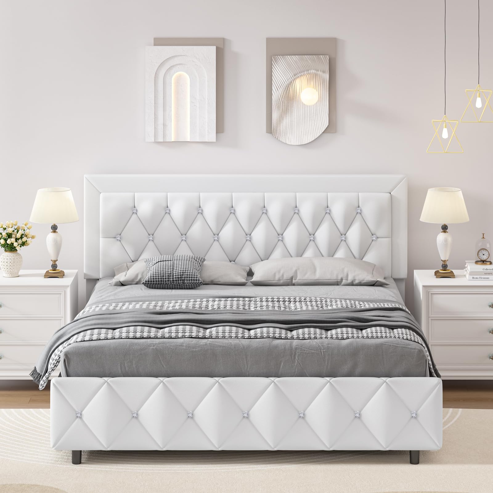 White Full Size Bed Frame with 4 Storage Drawers, Modern Leather Bed with Tufted