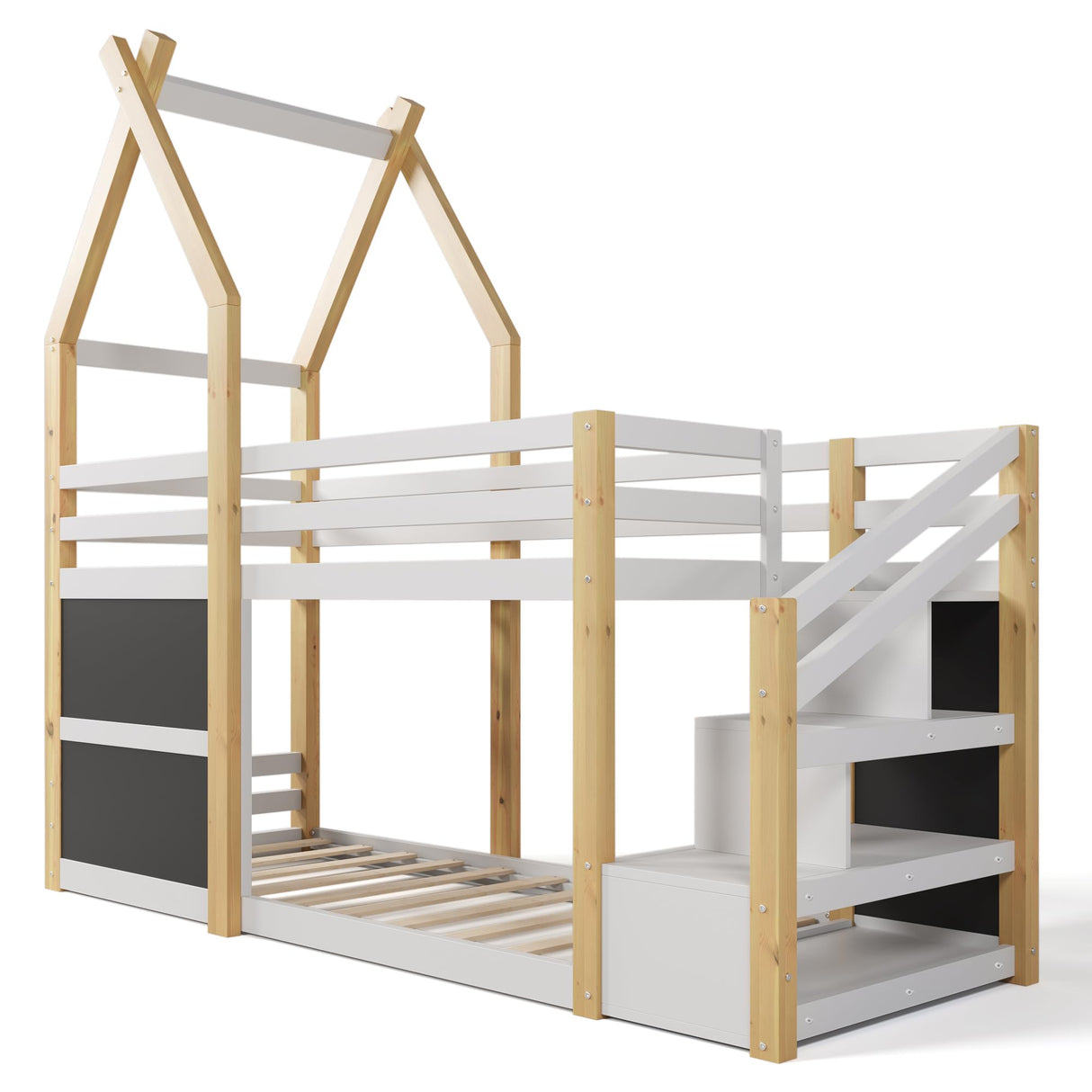 with Stairs,Twin Over Twin Bunk Bed with 2 Blackboard and Storage Shelves,Wood