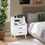 White NightStand with Charging Station, Nightstand with 2 Drawers and Open