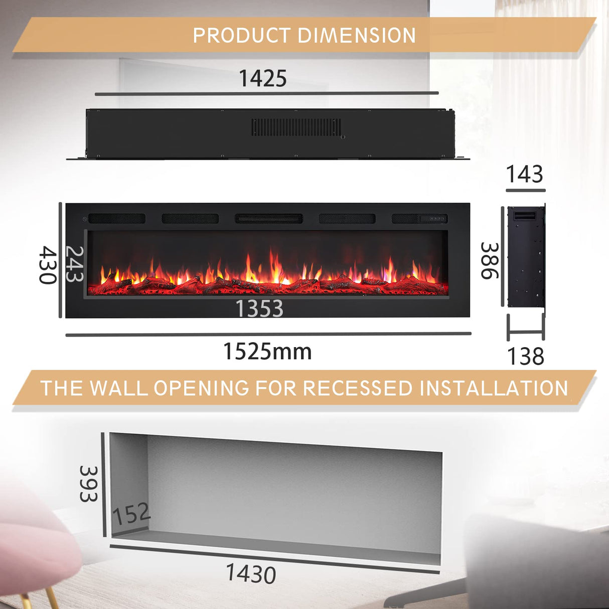 Wilton 60"/152cm Electric Fireplace, Wall Mounted, Recessed, 9 Colour Flame Effect