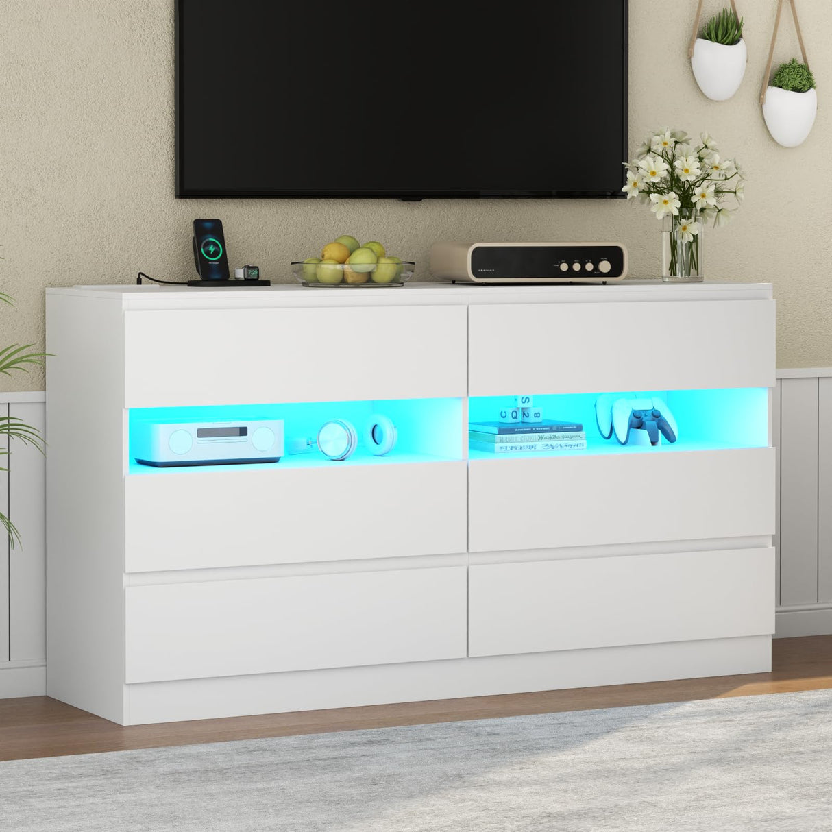 6 Drawer Dresser with Power Outlet, Modern Chest of Drawers with LED Light