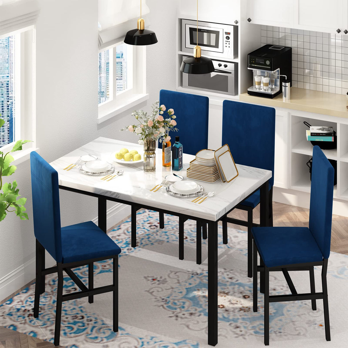 4-Piece Dining Table Set with Faux Marble Top and Blue Velvet Chairs