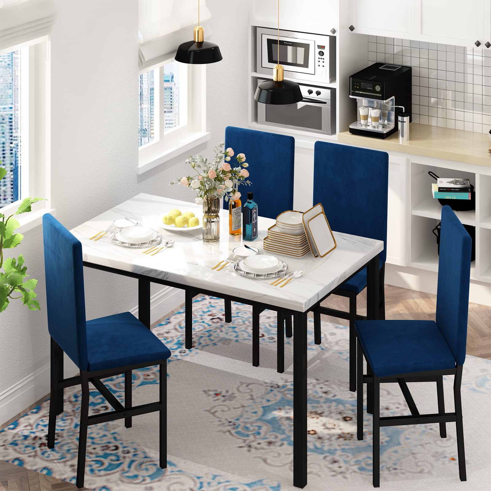 4-Piece Dining Table Set with Faux Marble Top and Blue Velvet Chairs