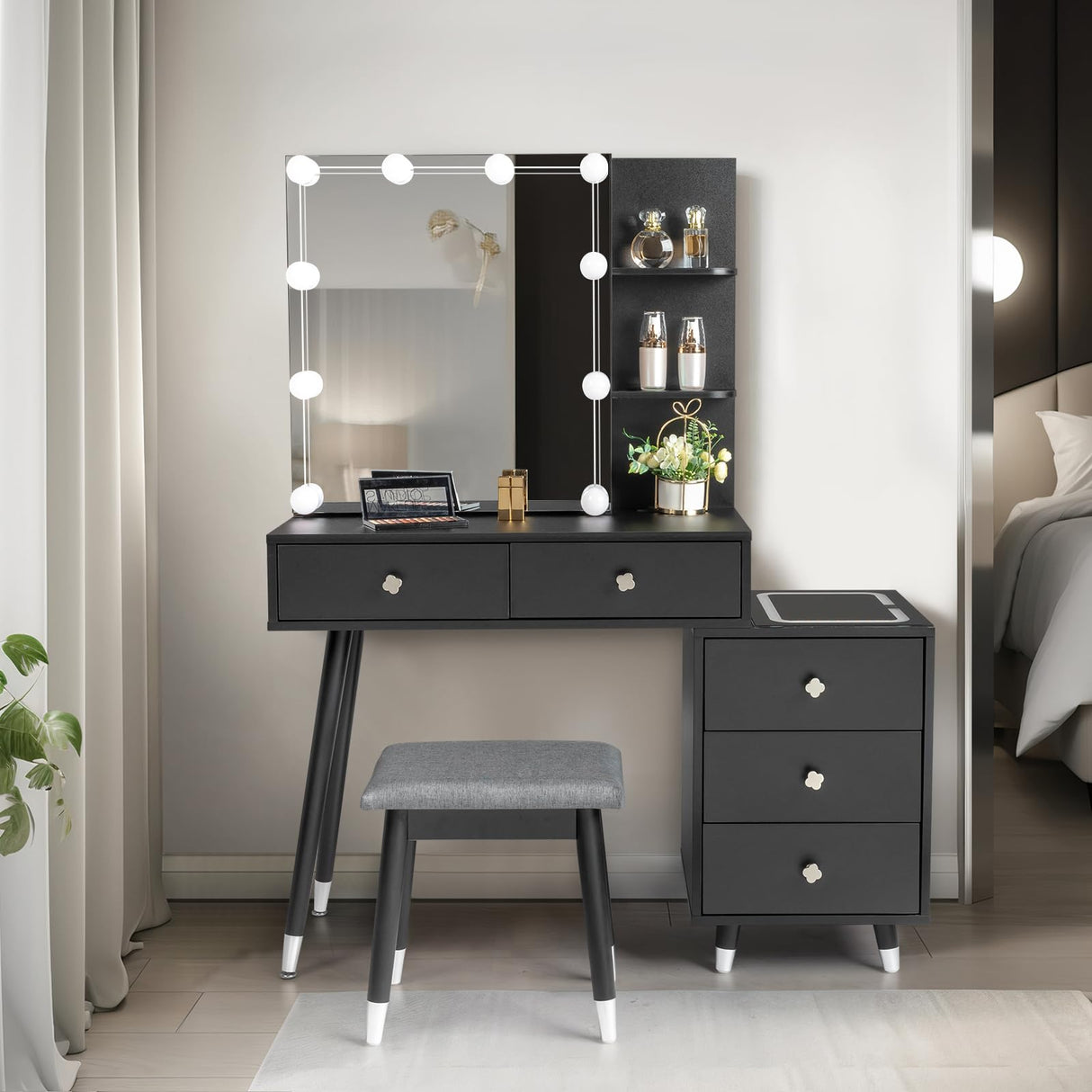 Lighted Vanity Desk with Mirror Cabinet & Charging Station Modern Makeup Vanity Table with 5 Drawers