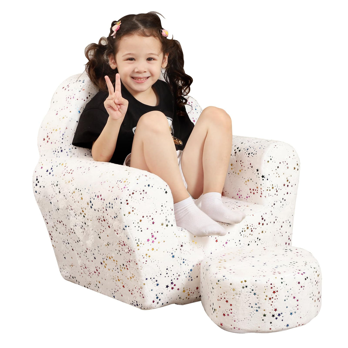 Kids Sofa with Ottoman, Shell-Like Sofa for Boys and Girls, White with Shinny