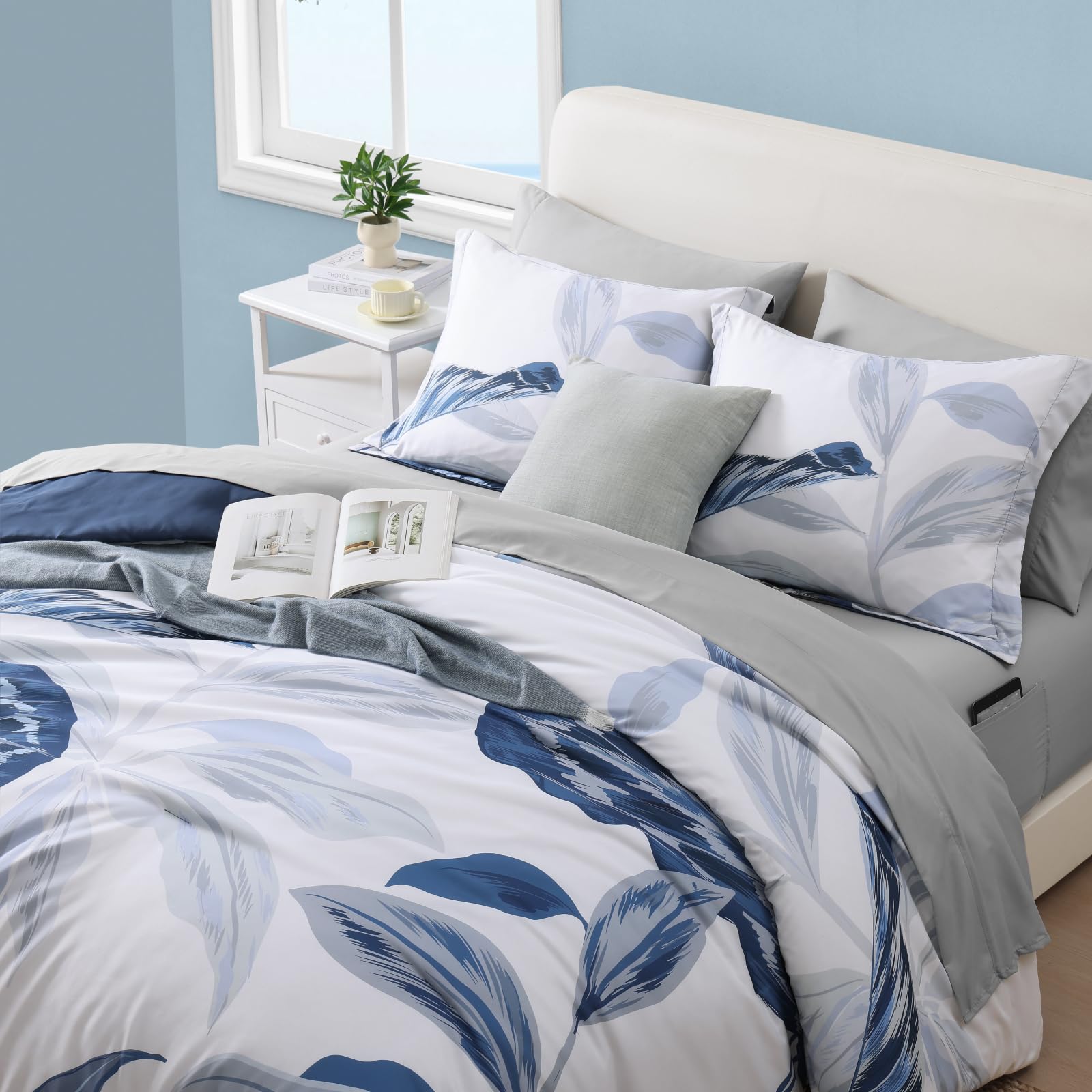 Queen Comforter Set - 7 Piece Blue Tropical Leaves Bedding Collection