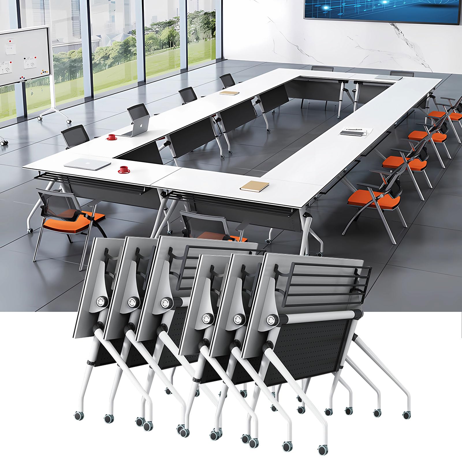 Conference Room Table,Conference Table,Flip Top Mobile Training Table Modern Conference Room Table with Iron Baffle Silent Wheels for Office Meeting Conference Room (4PCS 70.9in)