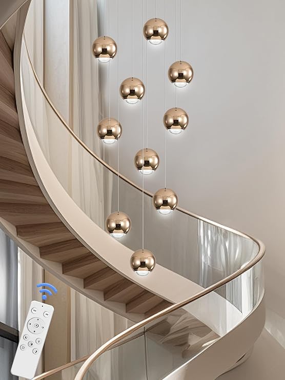 10-Light LED Staircase Gold Chandelier Crystal Ceiling Lights Large Chandeliers for High