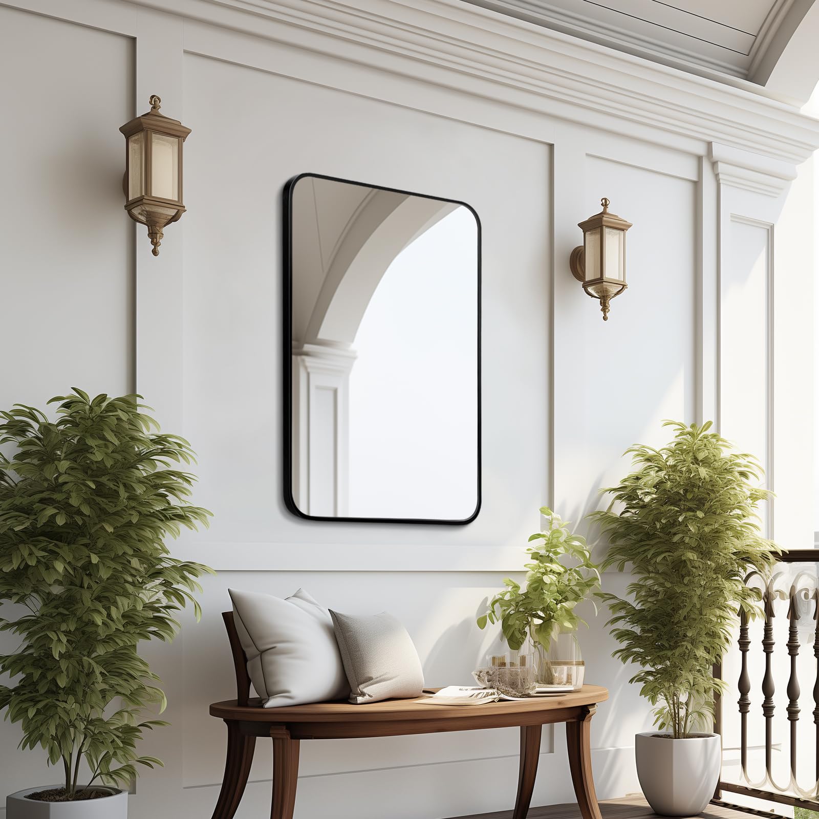 45" Round Mid Century Metal Frame Clear Beveled Mirror in Brass