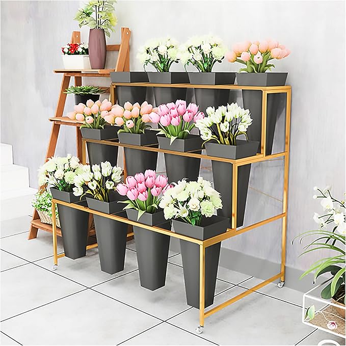 Flower Display Stand With 12PCS Buckets, 3 Layers Metal Plant Stand with Wheels