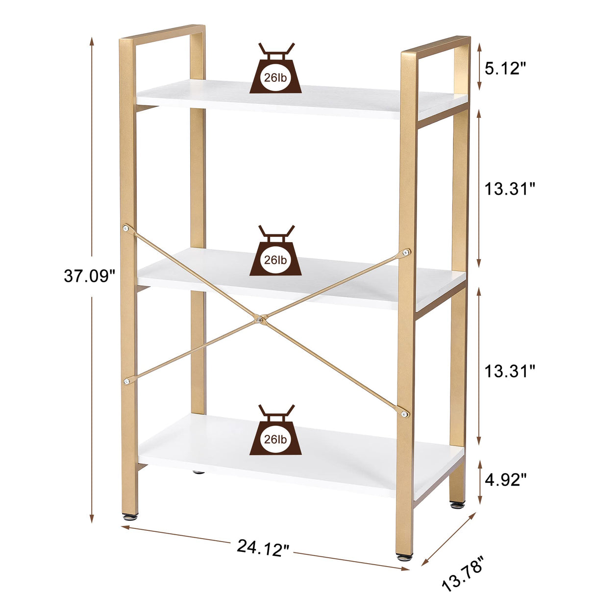 37.09" H 3 Tier Bookshelf, Modern Small Book Shelf for Small Spaces, White Gold Wooden Shelves for Bedroom Living Room and Home Office, 13.78" D x 24.12" W x 37.09" H, JCJ42M