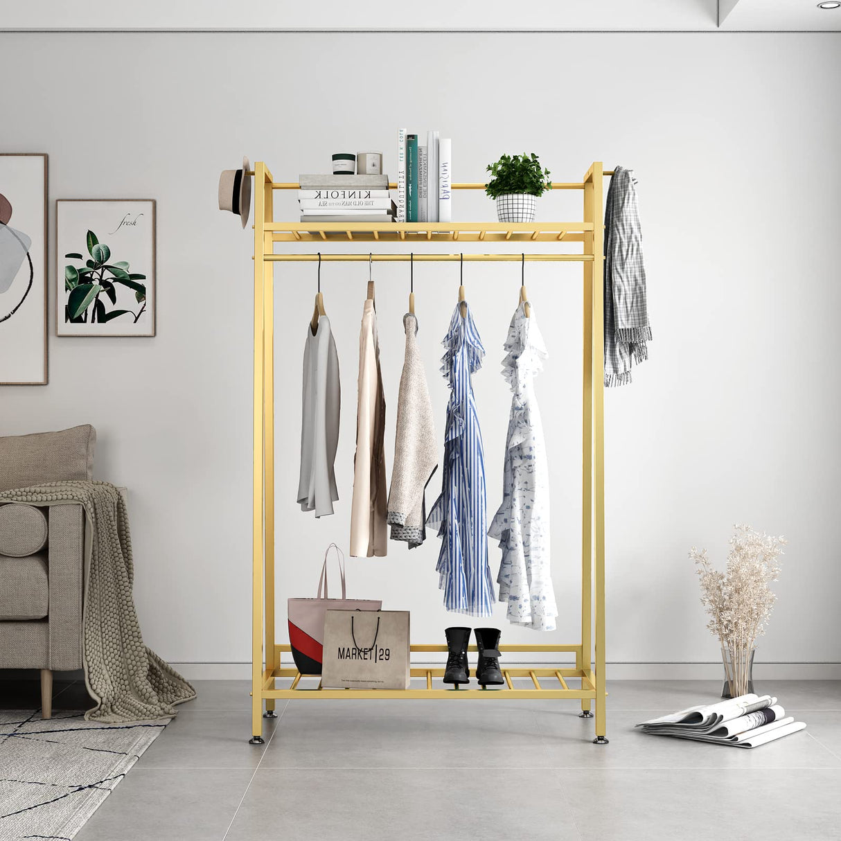 Gold Clothing Rack Modern Clothes Rack with 2- tier Shelf Clothes Display Racks